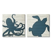Stupell Industries Nautical Blue Silhouette Octopus Morska kornjača Vodene životinje, 24, dizajn Julie Derice
