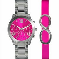 Ženski modni sat s kotačićima ružičaste boje i ružičastom PU narukvica s beskonačnim naglascima, srebrni ton