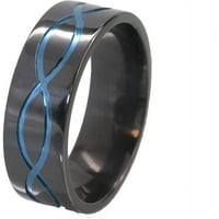 Ravni crni cirkonijev prsten sa simbolom beskonačnosti anodiziran plavom bojom