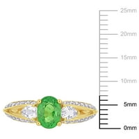 Ženski prsten od 10 karatnog žutog zlata s 3 kamena i podijeljenom drškom od Tsavorita ovalnog reza, kruškolikog