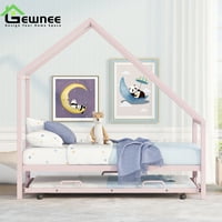 Gewnee Metal House Bed s Trundle, Dječji blizanac, okvir platforme u obliku platforme u obliku kuće, ružičasti