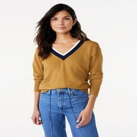 Besplatni montažni ženski kontrastni džemper s V-izrezom s dugim rukavima, srednje težine, veličina XS-XXL